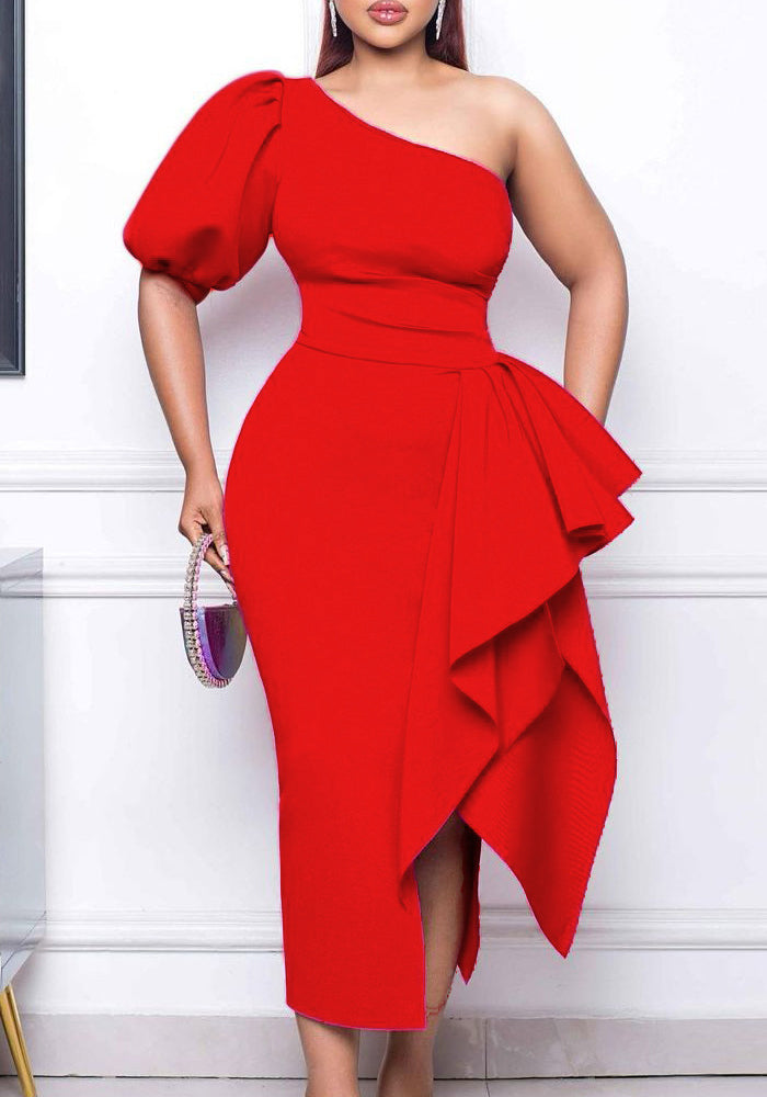 Women'S Elegant Solid Slash Shoulder Slit Ruffle Gown Sexy Dress