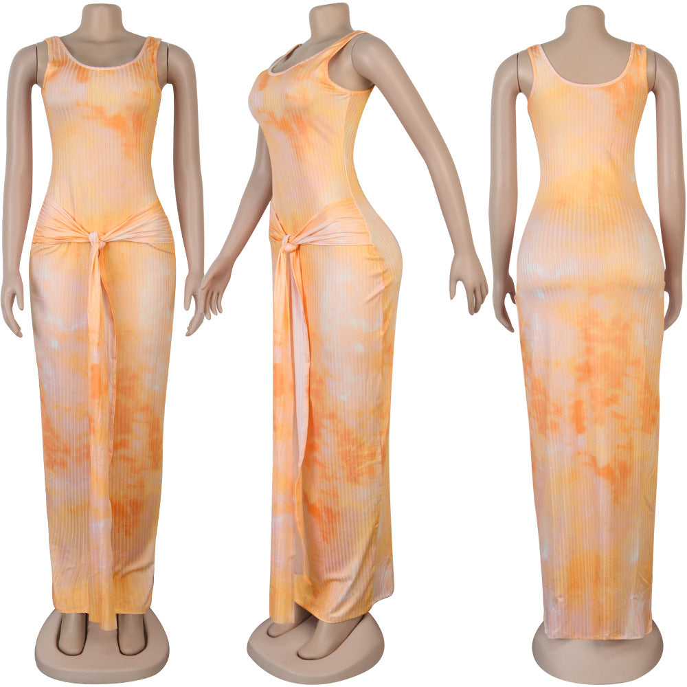 Women Ribbed Tie Dye Printed U Neck Lace-Up Dress 13