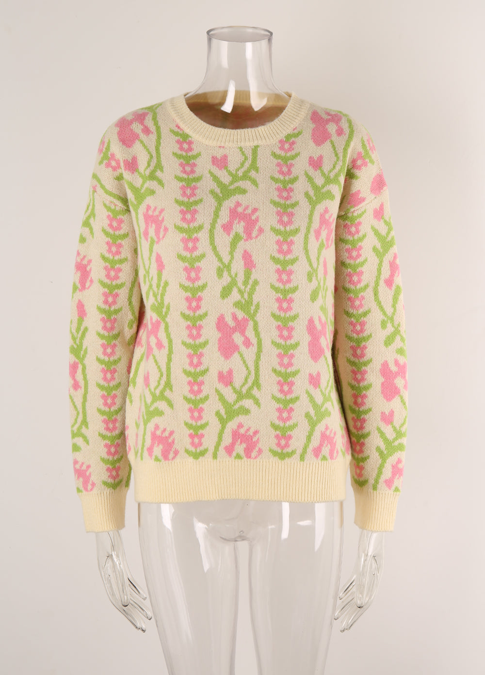 Women Jacquard Branch Round Neck Floral Sweater 11