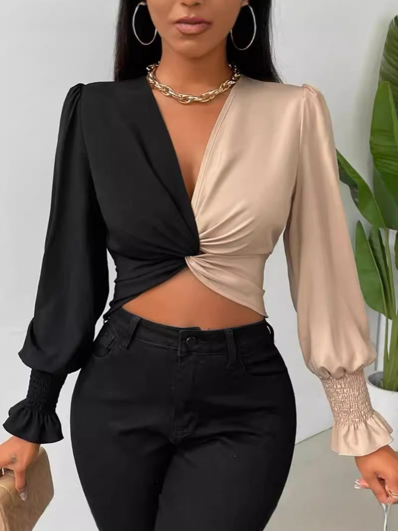 Women color block Patchwork v-neck long-sleeved color-blocked shirt 6