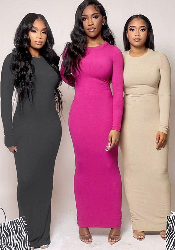 Women Round Neck Long Sleeve Bodycon Maxi Dress