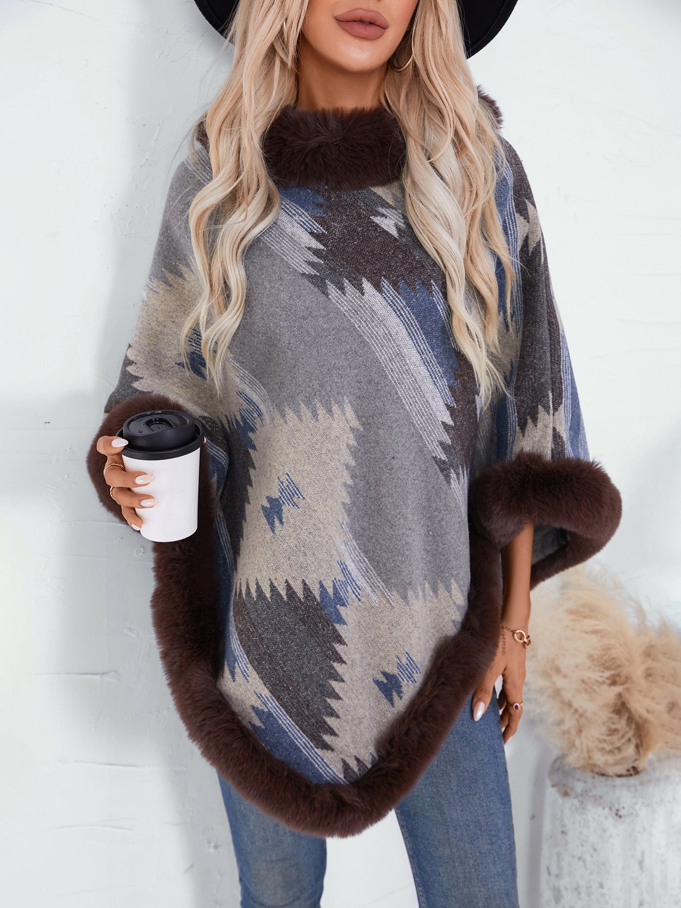Autumn Winter pullover cloak fur collar geometric pattern knitting shawl sweater 10