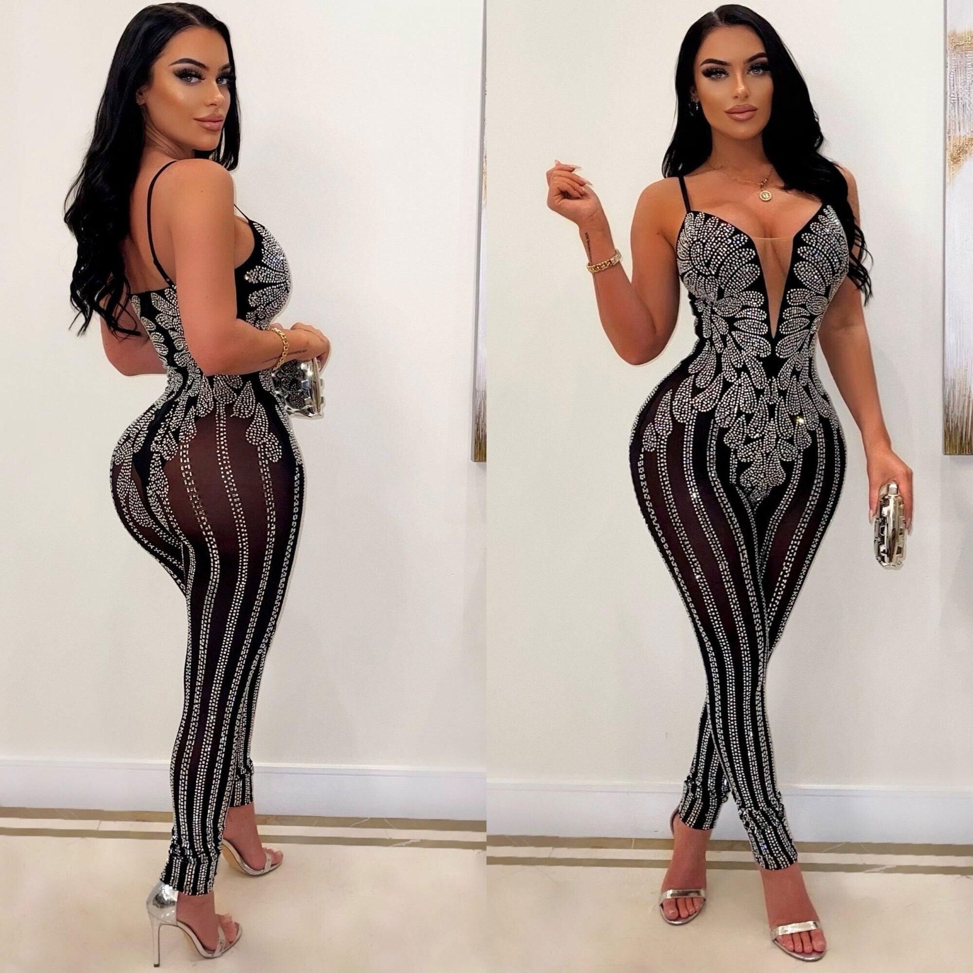 Women Summer Sexy Suspender Beaded Sleeveless Jumpsuit 5