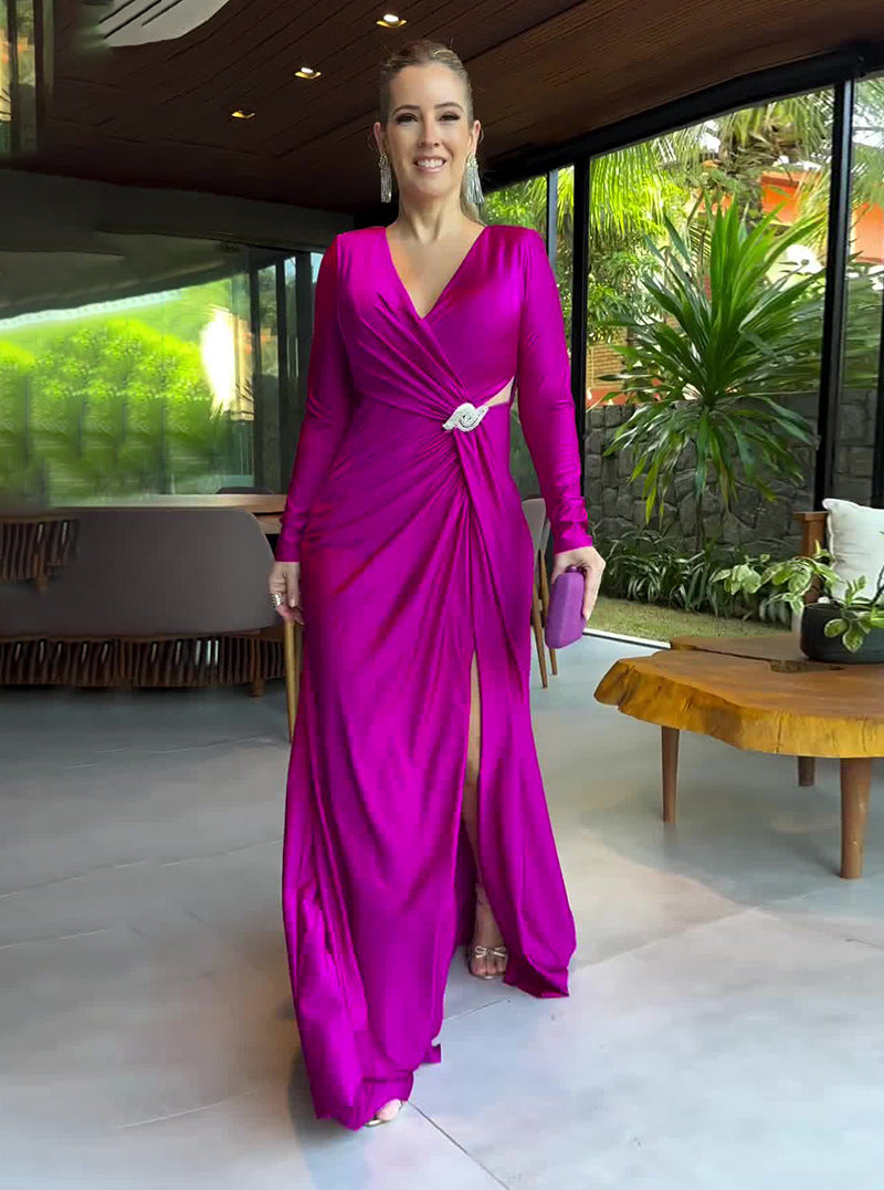 Summer V-Neck Solid Color Long-Sleeved Slim Women's Long Dress 4