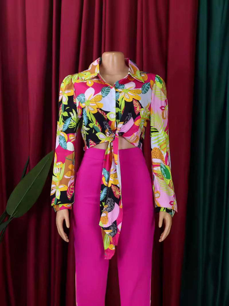 Fashionable Women's Printed Turndown Collar Lace-Up Long Sleeve Shirt 5