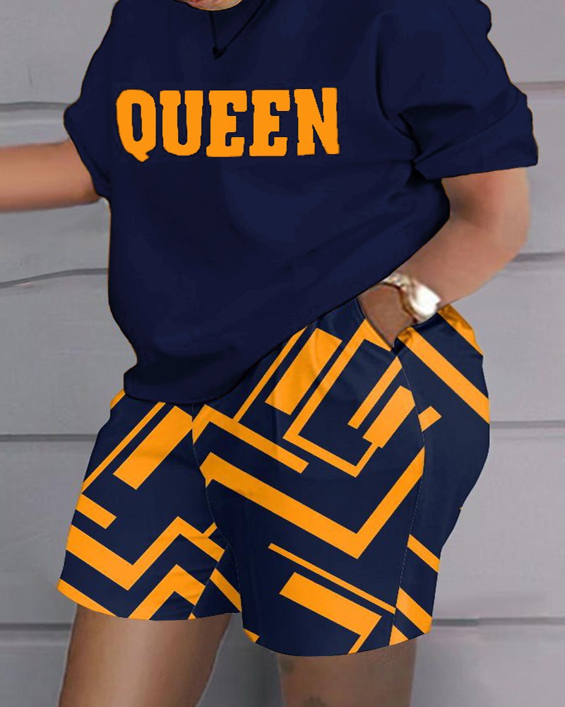 Plus Size Women Summer Print Casual Top and Shorts Two-piece Set 11
