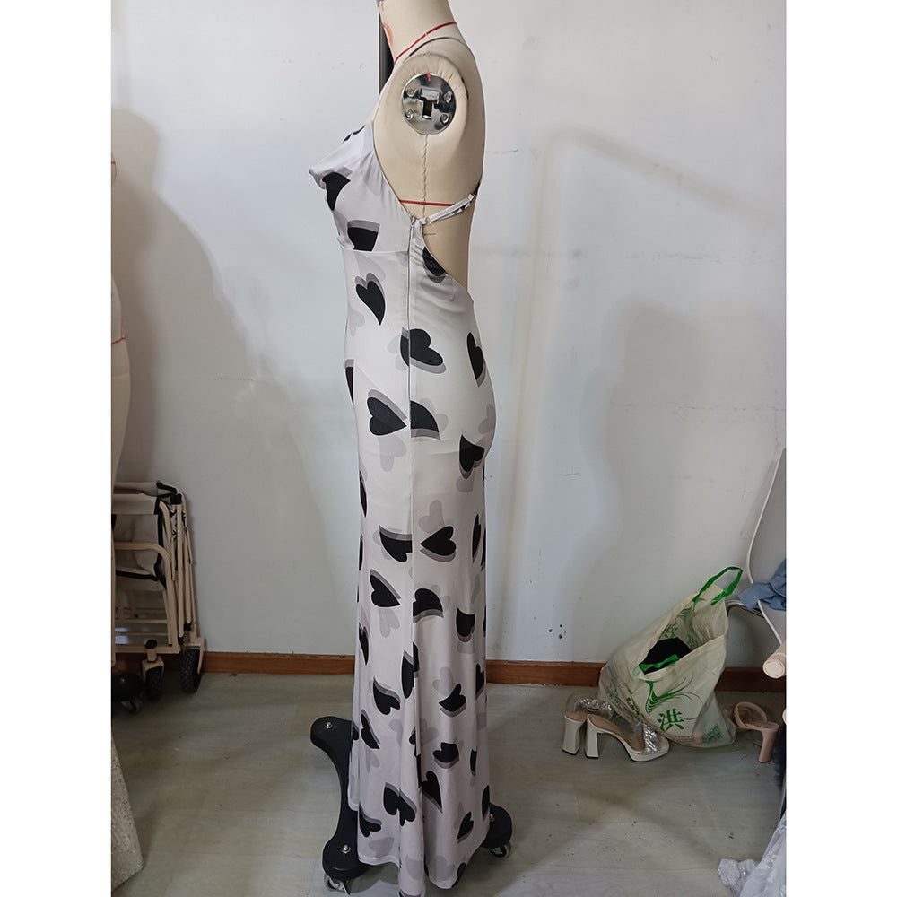 Women Summer Sexy Heart Print Print Backless Holidays Strap Dress 9