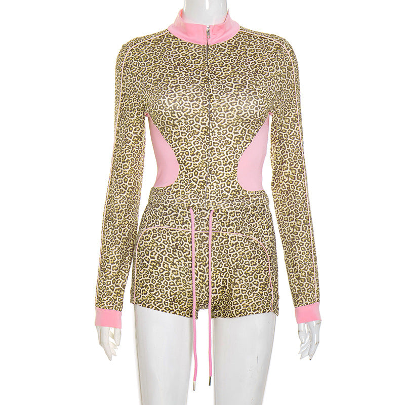 Women's Leopard Print Color Block Long Sleeve Zipper Coat Drawstring Shorts Two-Piece Set 7