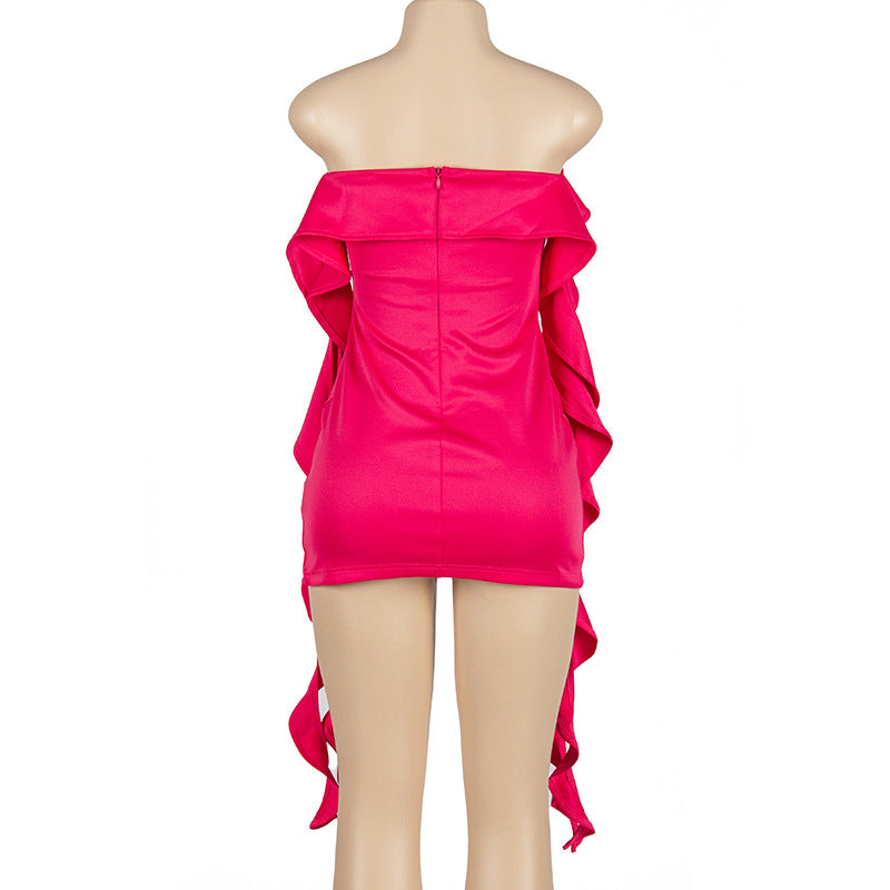 Women Summer Solid Sleeveless Off Shoulder Ruffle Edge Slit Dress 11