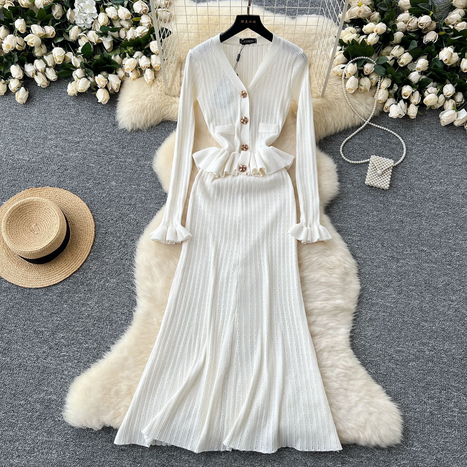 Women Autumn Metal Button Knitting Dress 8