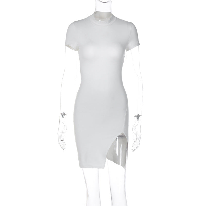 Women Summer Short Sleeve High Neck Sexy Backless Slit Lace Up Mini Dress 8