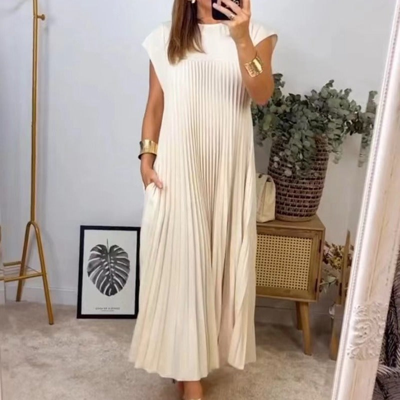 Autumn women's elegant fashion Round Neck sleeveless pleated long dress