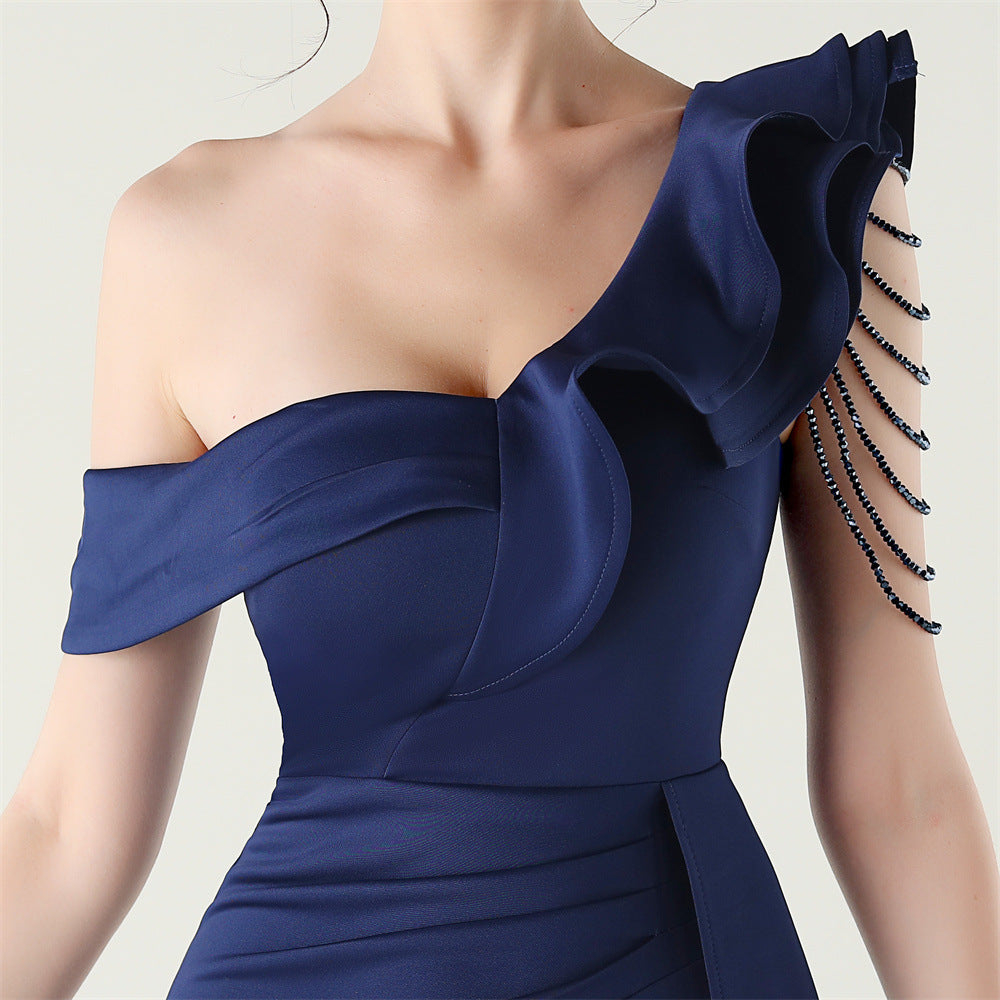 Women pleated one-shoulder beaded ruffle fishtail formal party evening dress 27