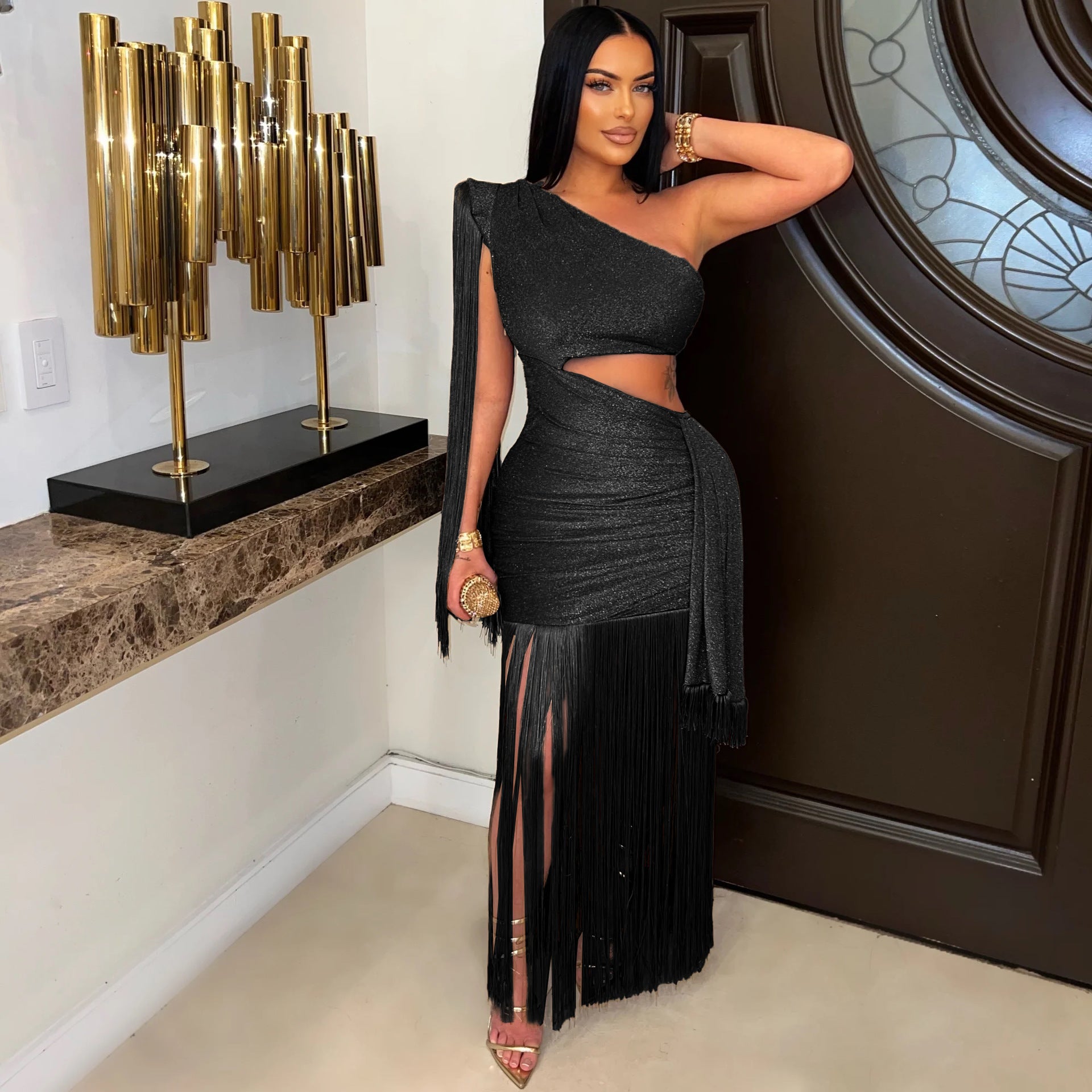 One-Shoulder Asymmetric Tassel Maxi Dress 6