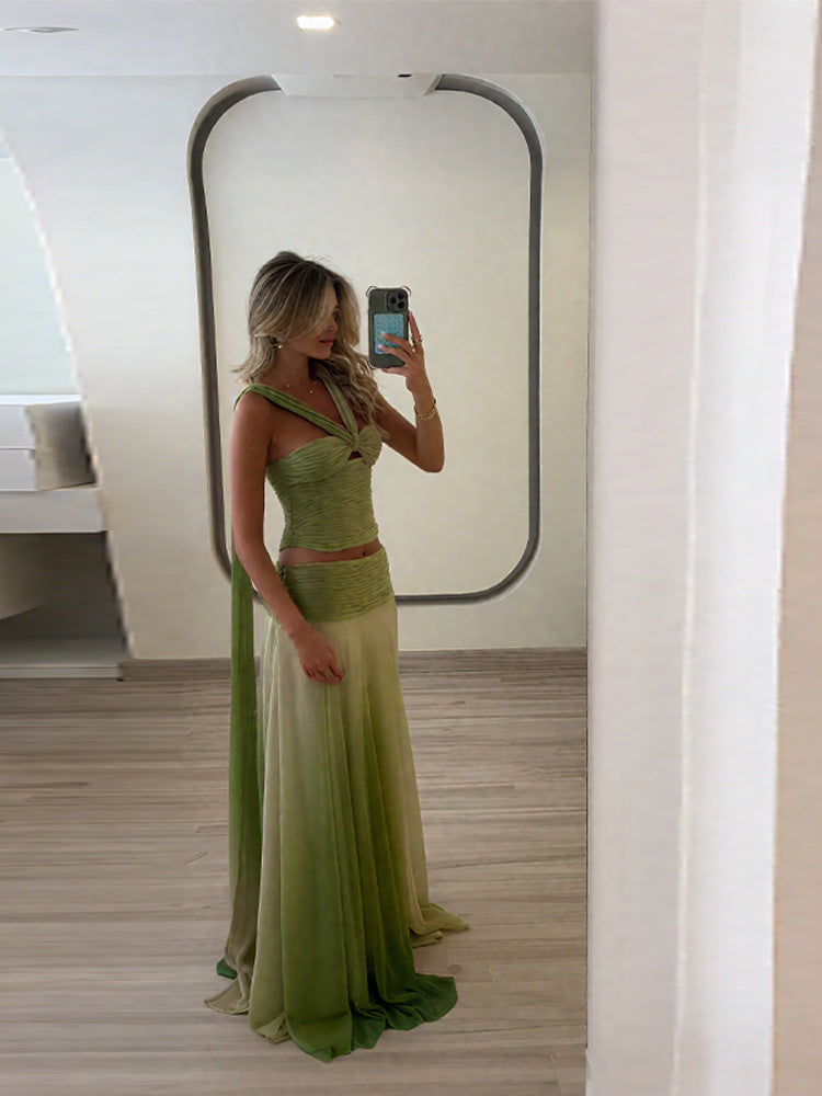 Women Summer Gradient Halter Neck Suspender Top and Skirt Two-Piece Set 9