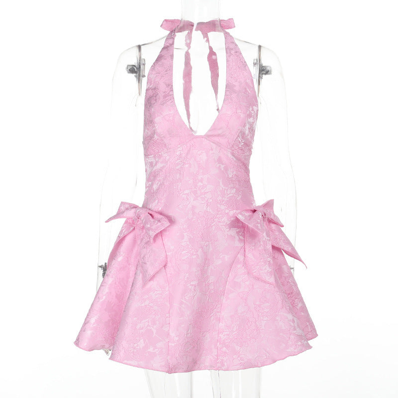 Women's Sexy Sleeveless Halter Neck Jacquard V-Neck Bow Dress 6
