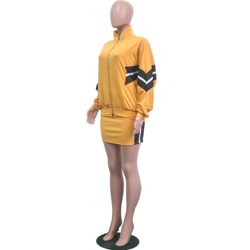 Autumn And Winter Two Piece Set Patchwork Casual Sports Long-Sleeved Jacket Short Skirt Set For Women 12