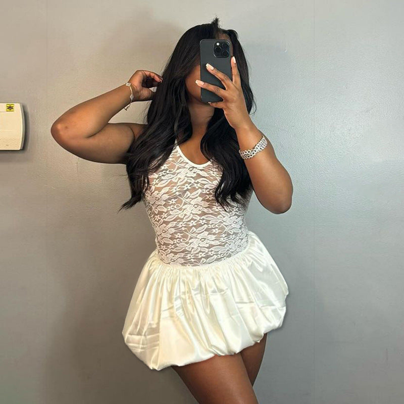 Women autumn sexy Patchwork Lace Halter Neck sexy short skirt 5