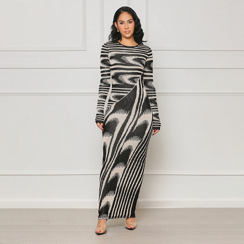 Women Irregular Print Sexy Bodycon Long Sleeve Dress 5