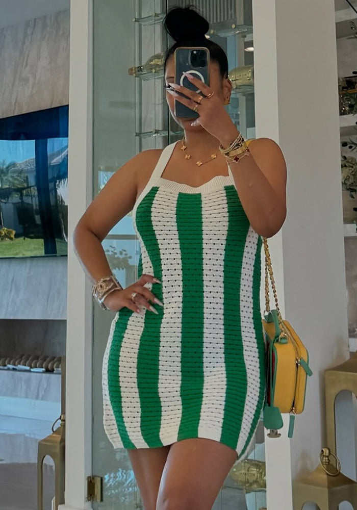 Women Spring Summer Striped Hollow Knitting Strap Dress