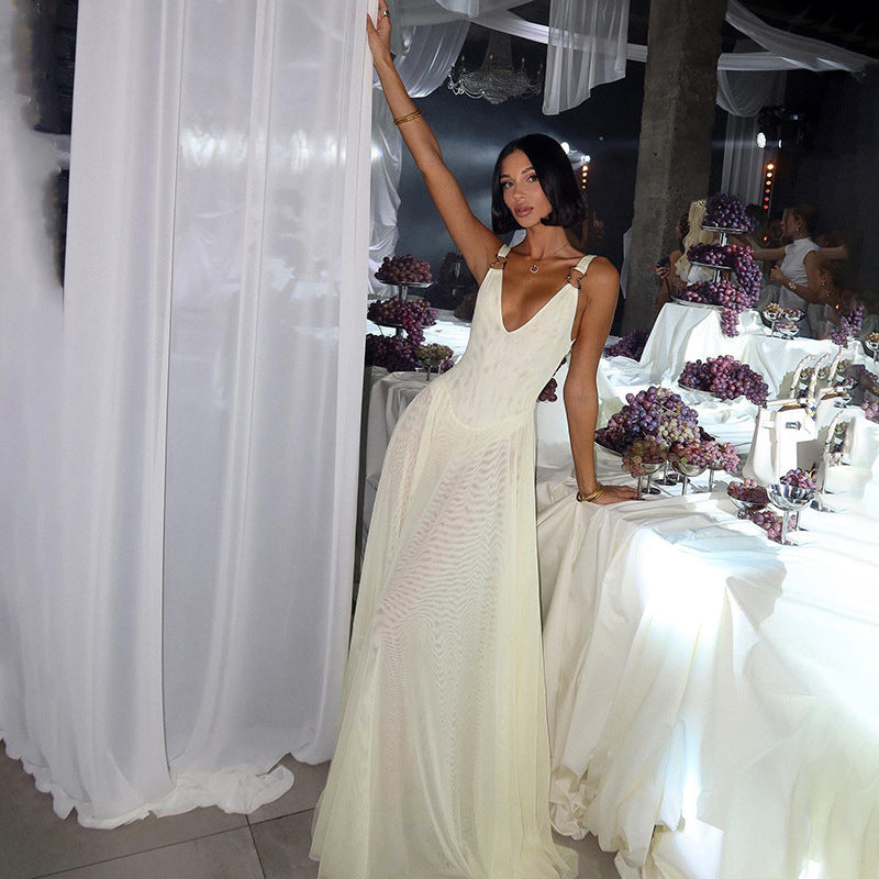 Women Spring Sexy V Neck Backless Suspender Mesh Maxi Dress