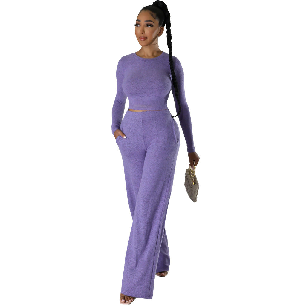 Sexy Fashionable Solid Color Round Neck Long Sleeve Two-Piece Pants Set 4