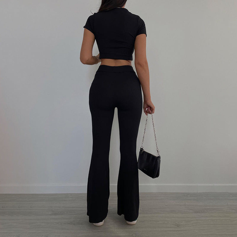 Autumn Women's Fashion Chic Casual Solid Color Short Sleeve Top Pants Set 4