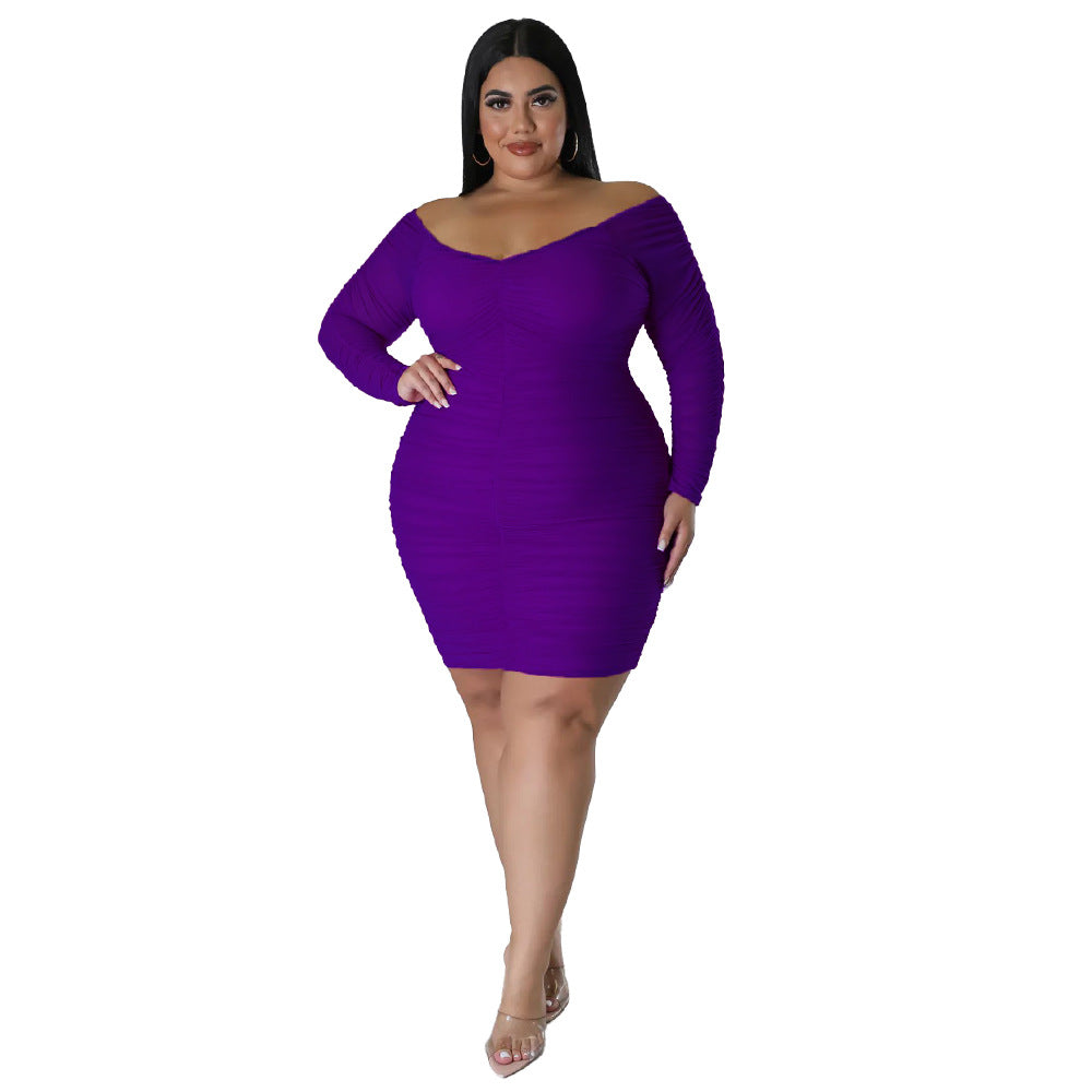 Plus Size Women Fall Off Shoulder Long Sleeve Bodycon Dress 9