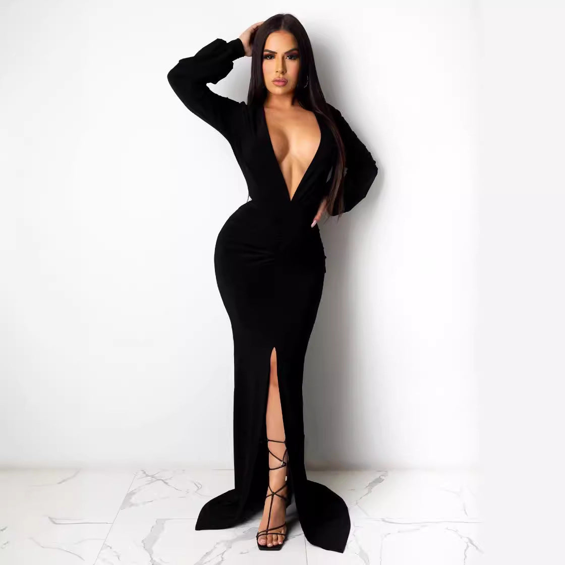 Women Solid V-neck Sexy Slit Long Sleeve Dress 6