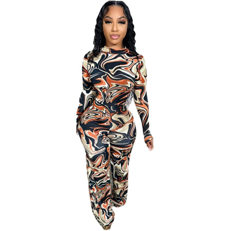 Women sexy backless print long sleeve jumpsuit 6