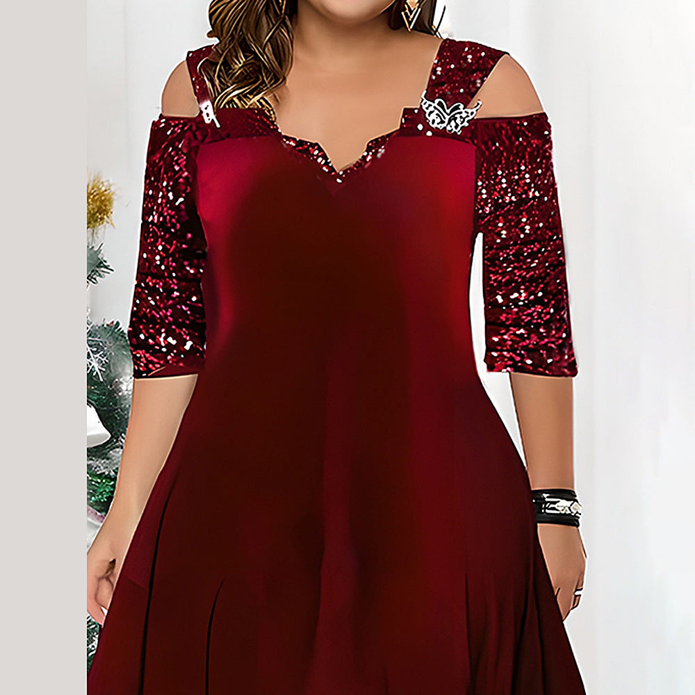 Plus Size Women Autumn Solid Sequins Maxi Dress 4