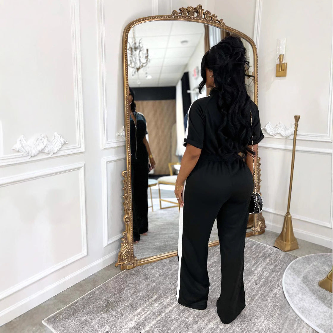 Women's Denim Patchwork Color-Block Stand Collar Short Sleeve Long Zip Jumpsuit 5