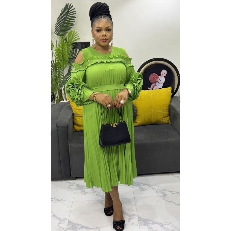 Beaded Cutout-Shoulder Pleated African Chic Loose Dress 12