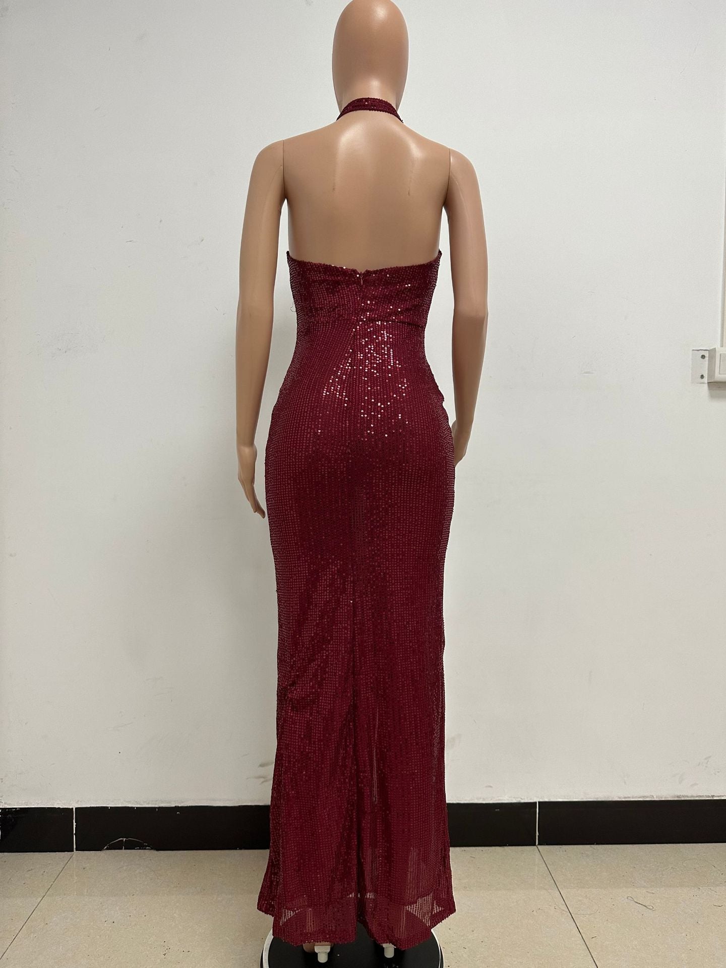 Women Sleeveless Halter Neck Backless Sequin Slit Evening Dress 41