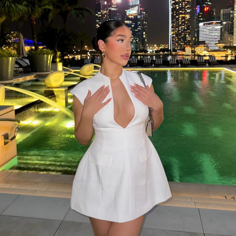 Summer Fashion Solid Color Deep V Sexy Slim Women's Dress 4