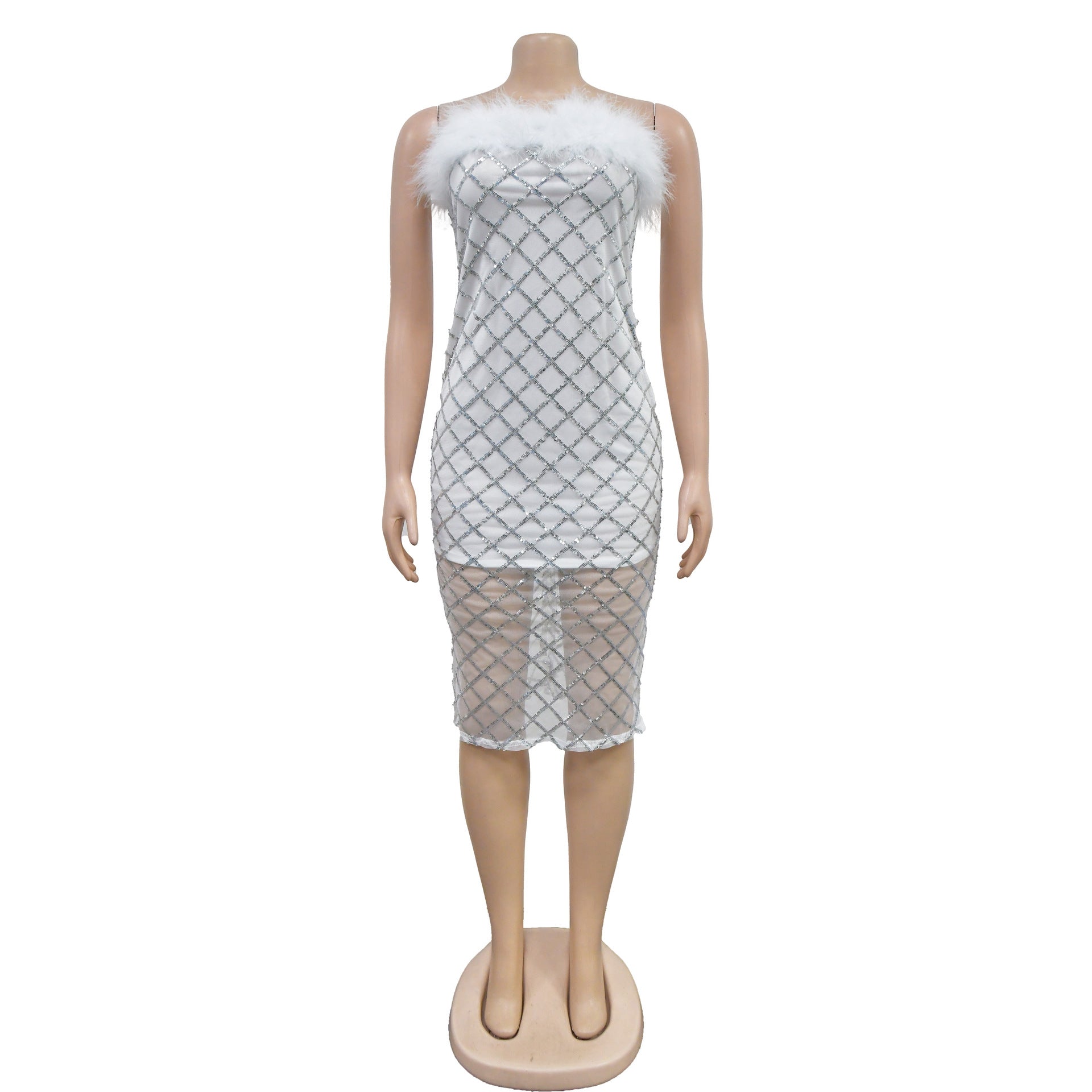 Fashion Women's Sexy Strapless Sequin Feather Dress 15