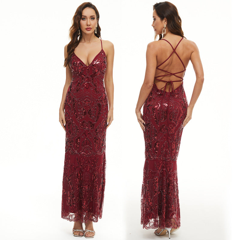 Women Sequin Dress Chic Suspender V Neck Backless Formal Party Maxi Evening Dress 5