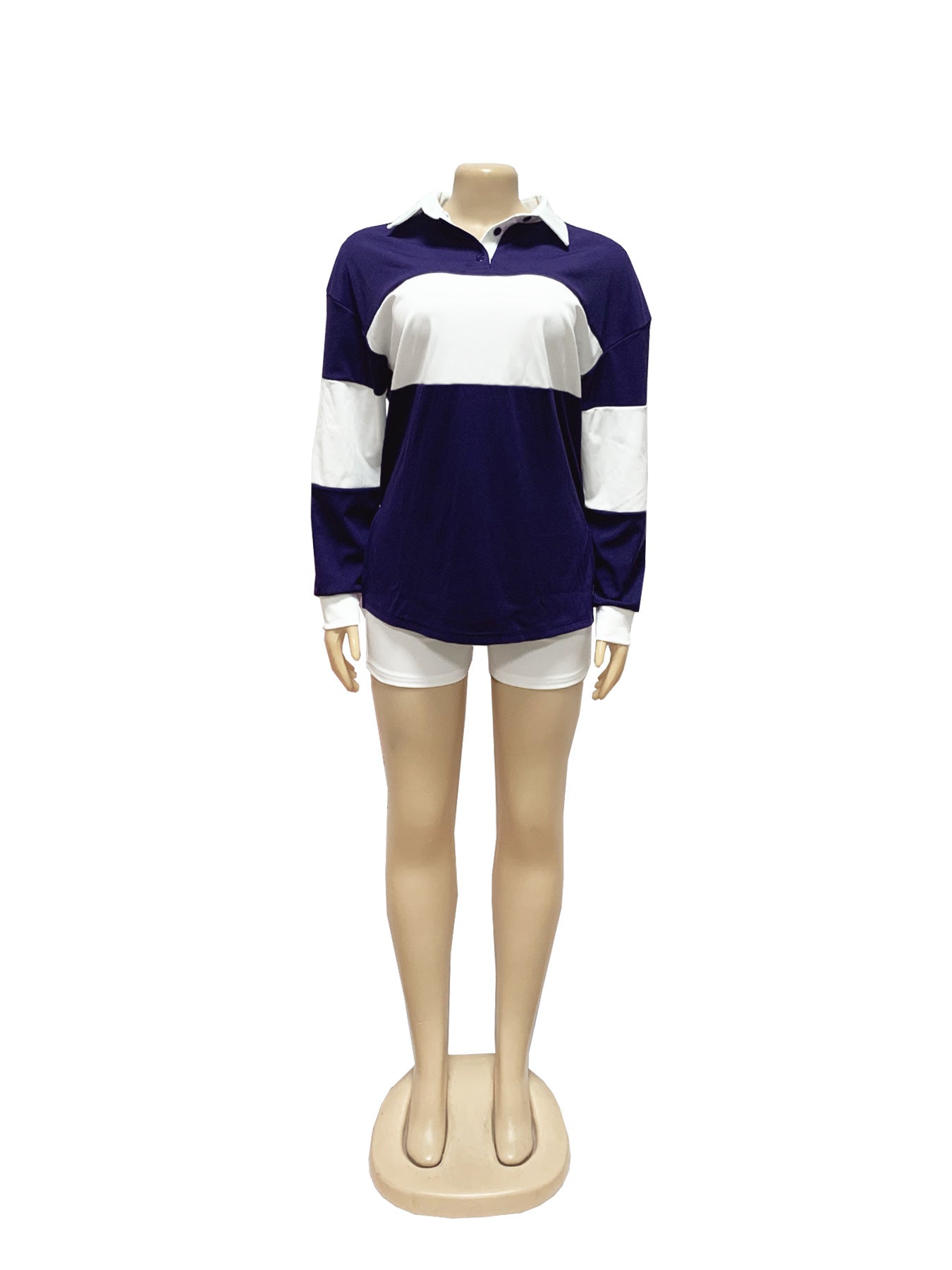 Women's Contrast Color Long Sleeve Polo Shirt Spring Summer Turndown Collar Solid Color Shorts Set 10