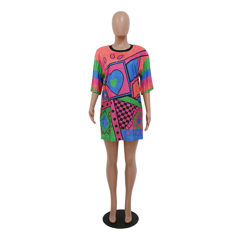 Trendy Round Neck Half Sleeve Loose Sequin Print Party Sequined Nightclub Style Women's Dress 24