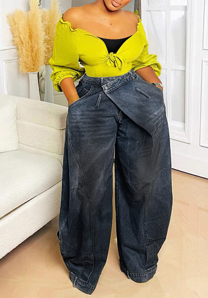 Women Retro Washed Reverse Waist Denim Pants