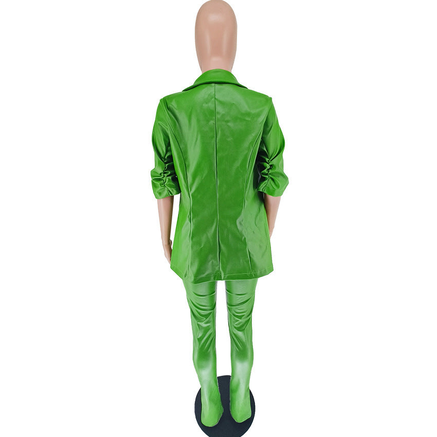 Women'S Pu Leather Turndown Collar Blazer Slit Tight Pants Two Piece Set 15