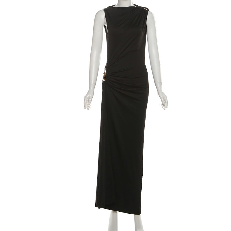 Women Fall Solid Metallic Sleeveless Sexy Slit Dress 34