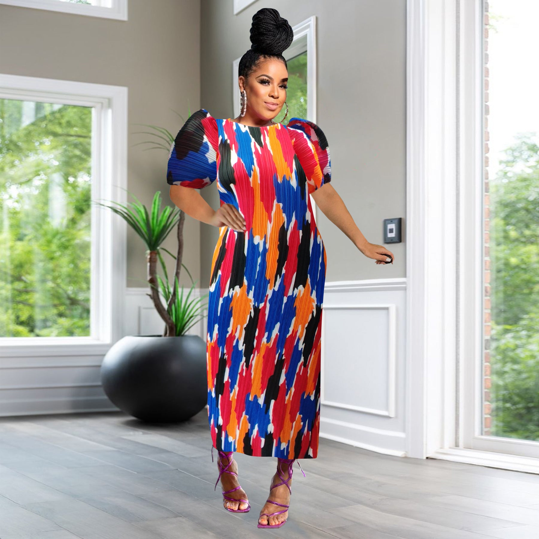 Fashionable Women's Puff Short-Sleeved Printed Dress