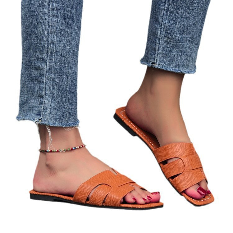 Plus Size Leather Patchwork Women's Slippers Flat Square Toe Women's Sandals 20