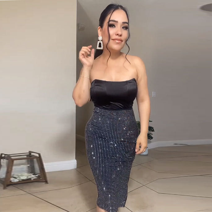 Women Sexy Top Beaded Bodycon Dress Two-piece Set 5