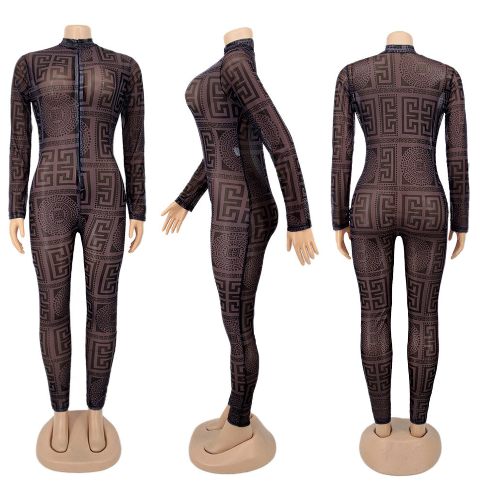 Women Style Printed Mid-High Neck Long Sleeve Jumpsuit 8