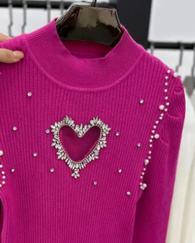 Women Hot drill Heart Print Hollow Sweater 6