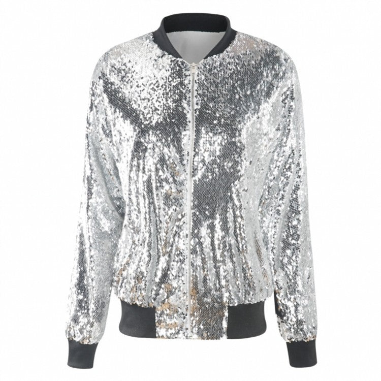 Casual Women's Fall Outer Coat Plus Size Loose Sequin Baseball Jacket 15