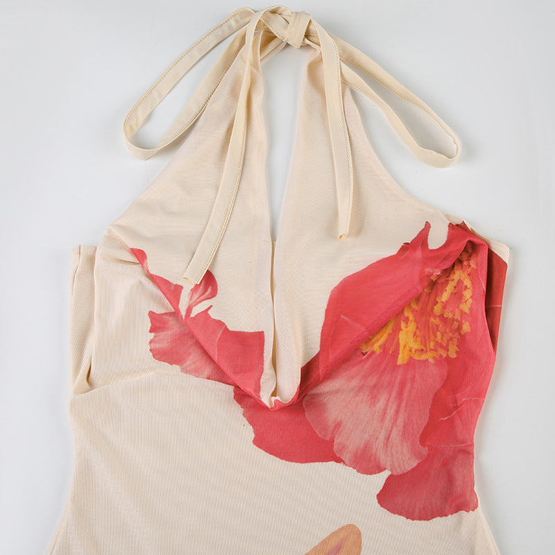 Women's sexy and elegant Holidays style printed contrasting color Halter Neck long dress 17