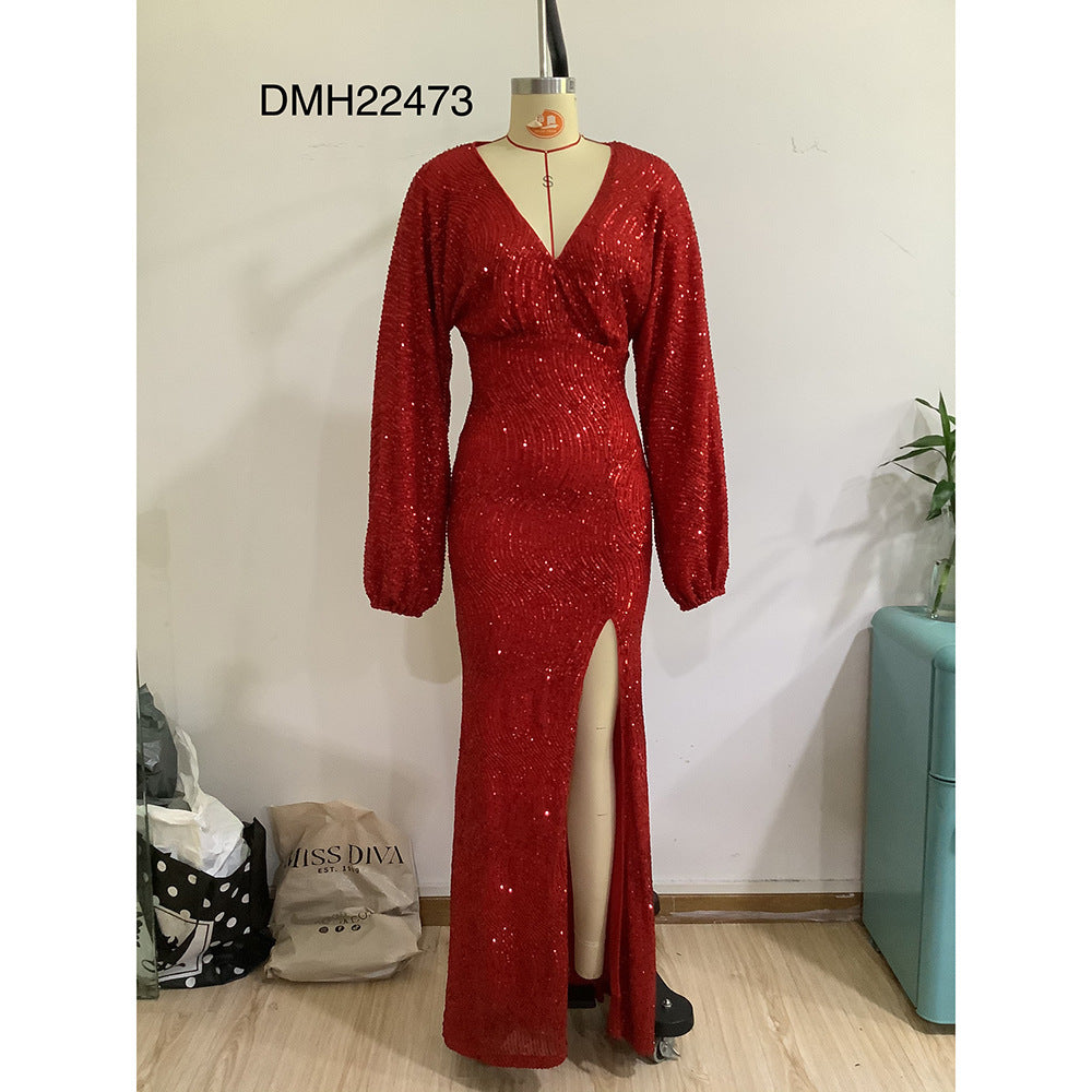 Autumn And Winter Fashion Sexy Dress Puff Sleeves Deep V High Slit Sequined Long Sleeve Dress 9